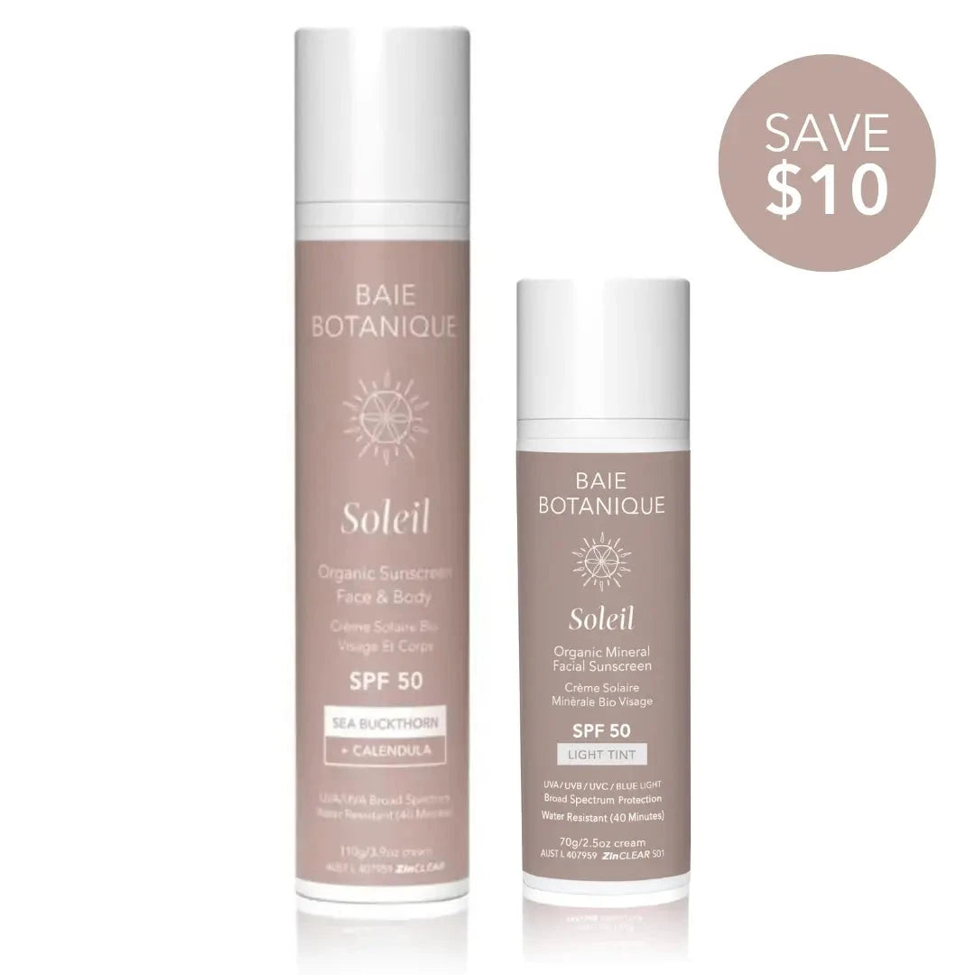 Suncare Essentials Bundle Sunscreen Baie Botanique USA | Organic and Vegan Skincare Face and Body Sunscreen 110g + Facial Sunscreen 70g Light Tint 