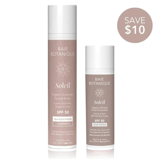Suncare Essentials Bundle Sunscreen Baie Botanique USA | Organic and Vegan Skincare Face and Body Sunscreen 110g + Facial Sunscreen 70g Non-Tinted 