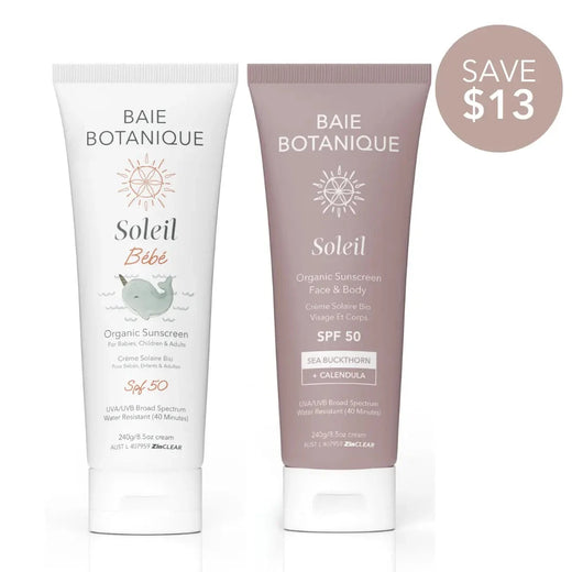 Family Sun Essentials Bundle Sunscreen Baie Botanique USA | Organic and Vegan Skincare Face & Body Sunscreen 240 + Baby Sunscreen 240g 