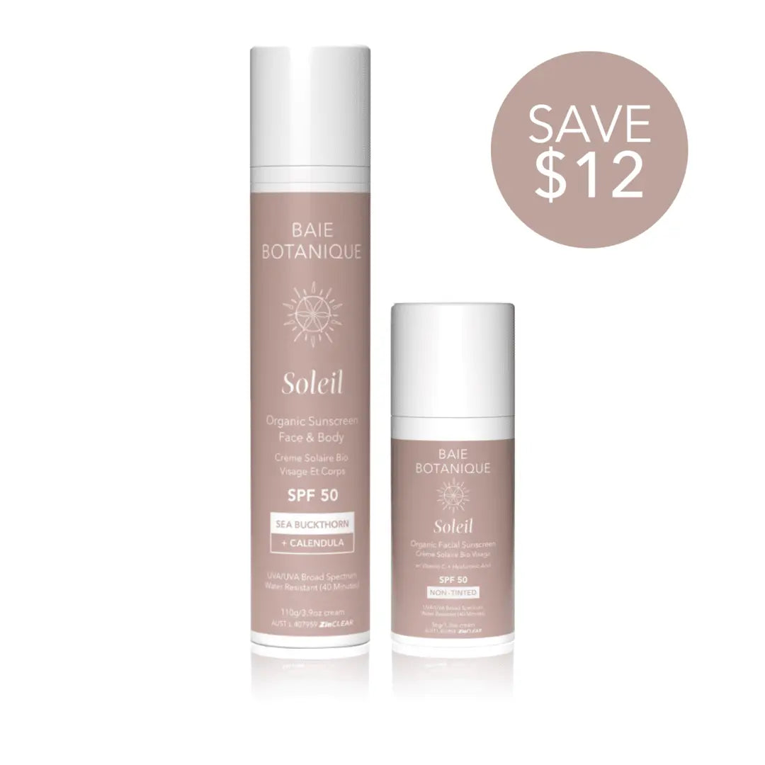 Suncare Essentials Bundle Sunscreen Baie Botanique USA | Organic and Vegan Skincare Face and Body Sunscreen 110g + Facial Sunscreen 36g Non-Tinted 